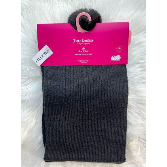 🆕 Juicy Couture Women's Black Beanie & Scarf Set Rhinestone Heart Winter - Picture 3 of 5
